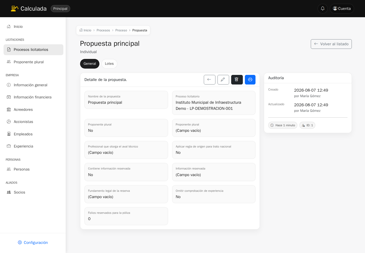 Opciones para generar y descargar los archivos de una propuesta