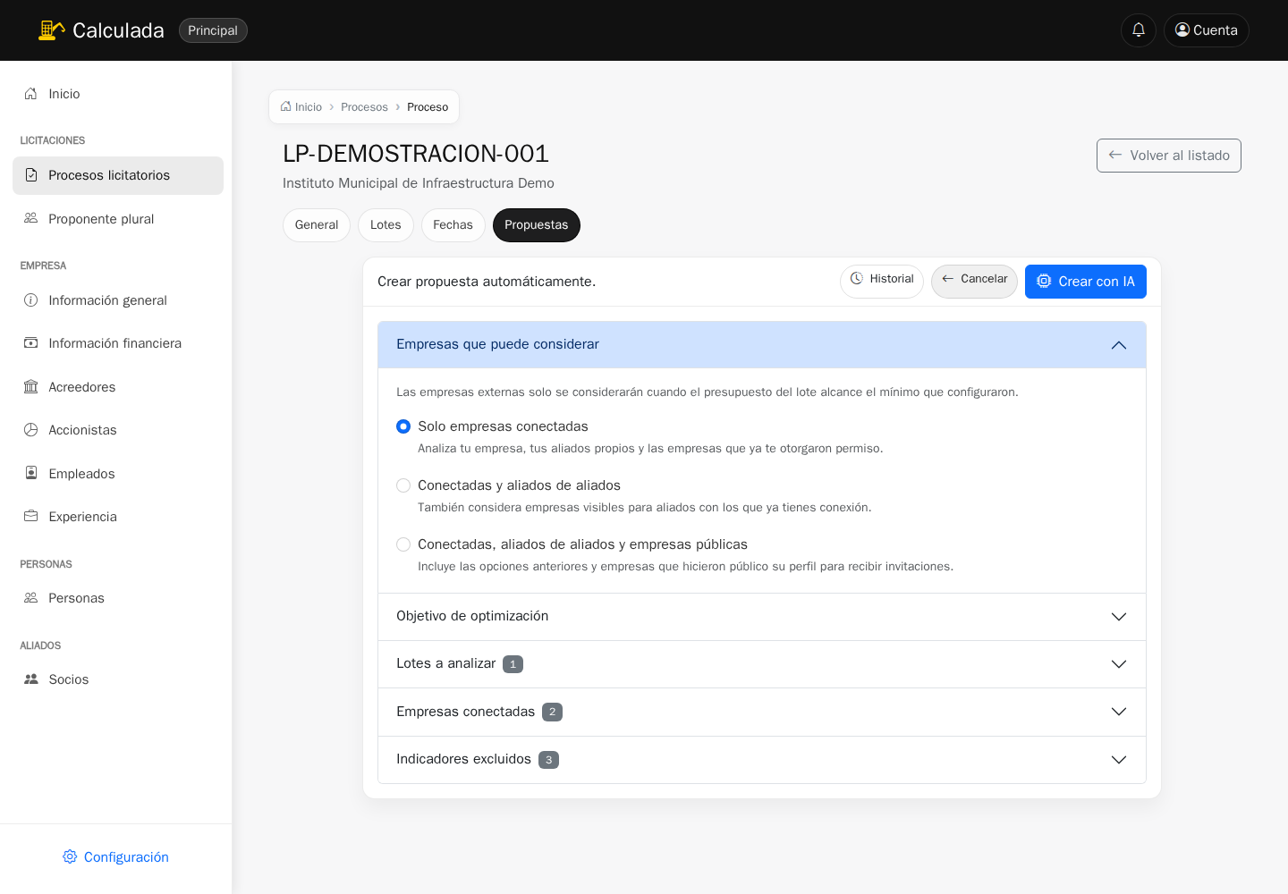 Opciones de alcance, lotes, empresas, indicadores y puntajes de una propuesta automática