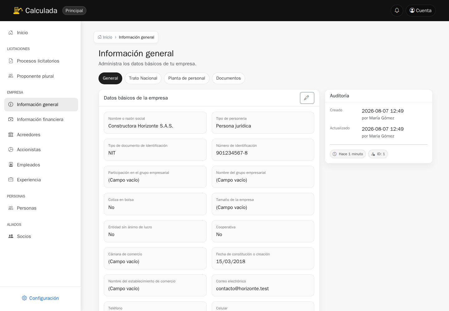 Listado de información general de la empresa