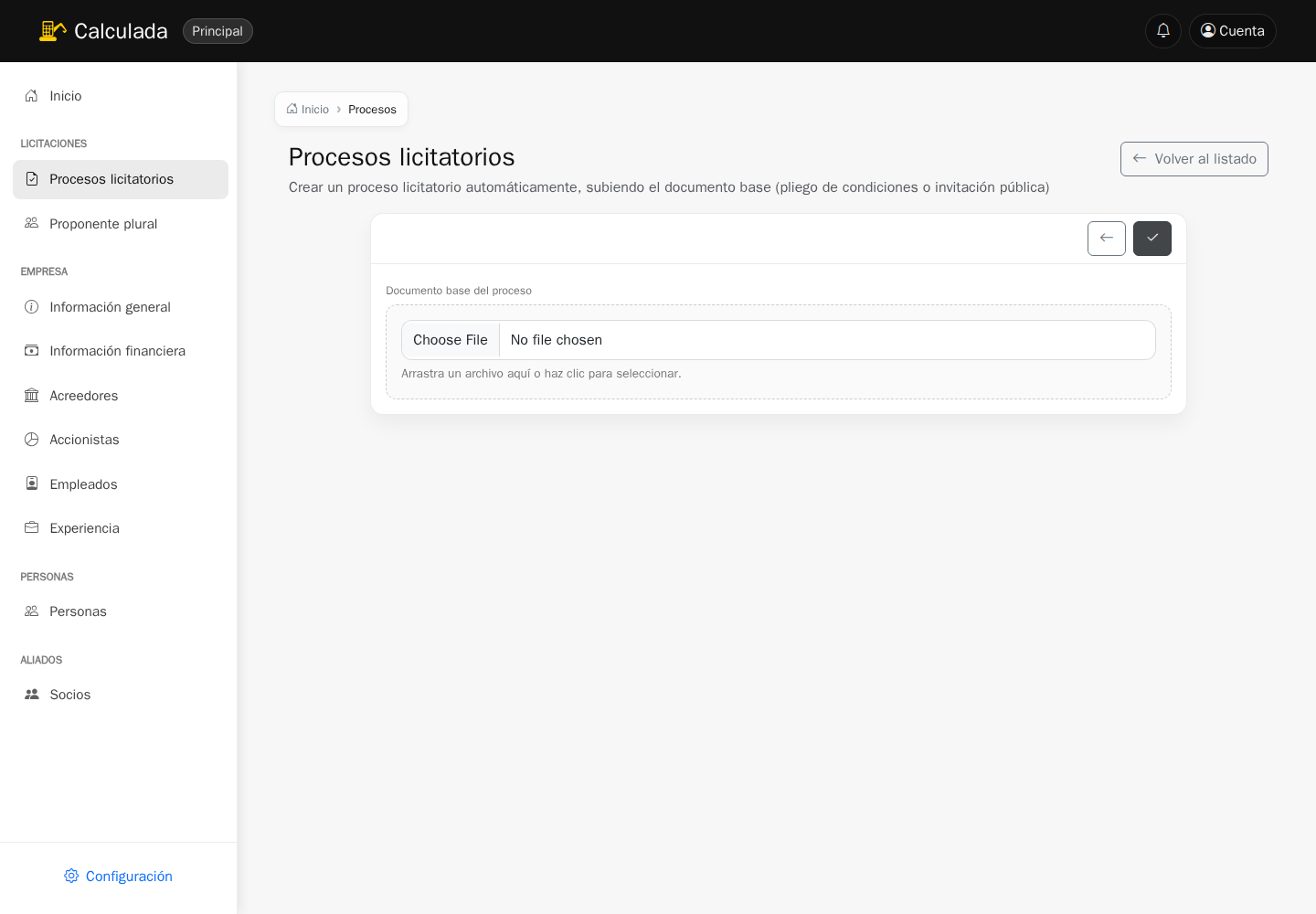 Pantalla de creación de un proceso licitatorio con inteligencia artificial