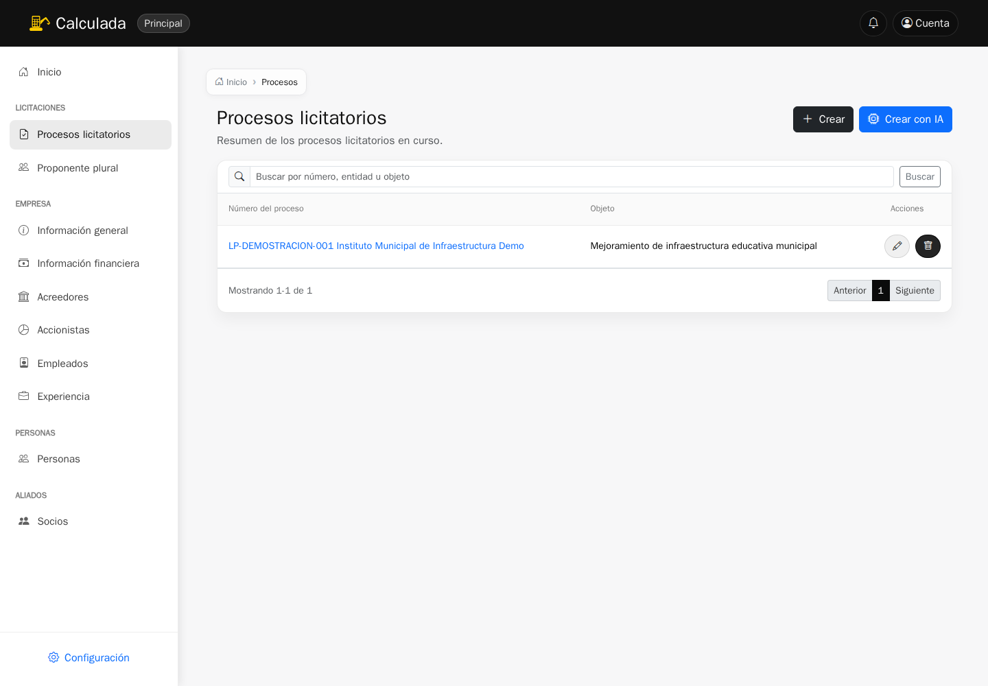 Listado de procesos licitatorios y acciones para crear un proceso